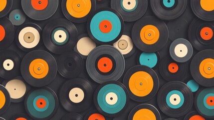 Colorful vinyl records arranged artistically on a dark surface, evoking nostalgia and creativity.
