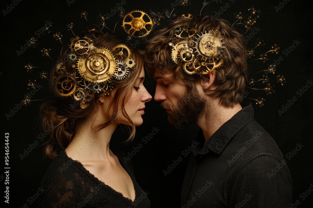 Poster decision making reactive steampunk inspired couple with gears integrated into their brains symbolizi