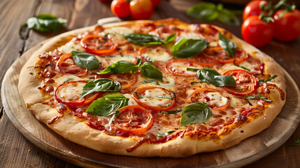 pizza with salami and tomatoes