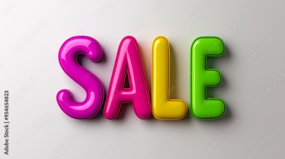 Poster the word sale is written in a colorful font on a white background. the font is made of different col
