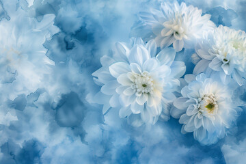 Watercolor flowers on blurry blue background . Blue-white flowers chrysanthemum. Floral collage. Flower composition. Nature.


