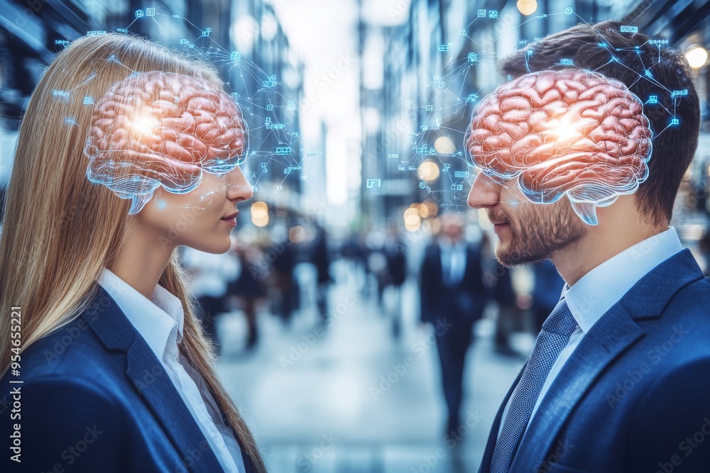 Poster learning mechanism reactive urban scene with a business couple walking their brains illuminated and 