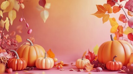 Autumn fall thanksgiving day composition with decorative pumpkins, banner with generative ai