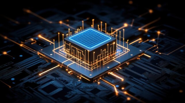 Close-up of a futuristic microchip on a motherboard with glowing circuits, representing advanced technology and digital innovation.