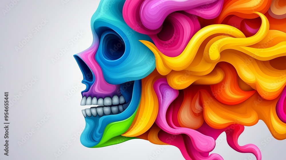 Poster a colorful skull with a rainbow of colors surrounding it. the skull is smiling and has a mouth open