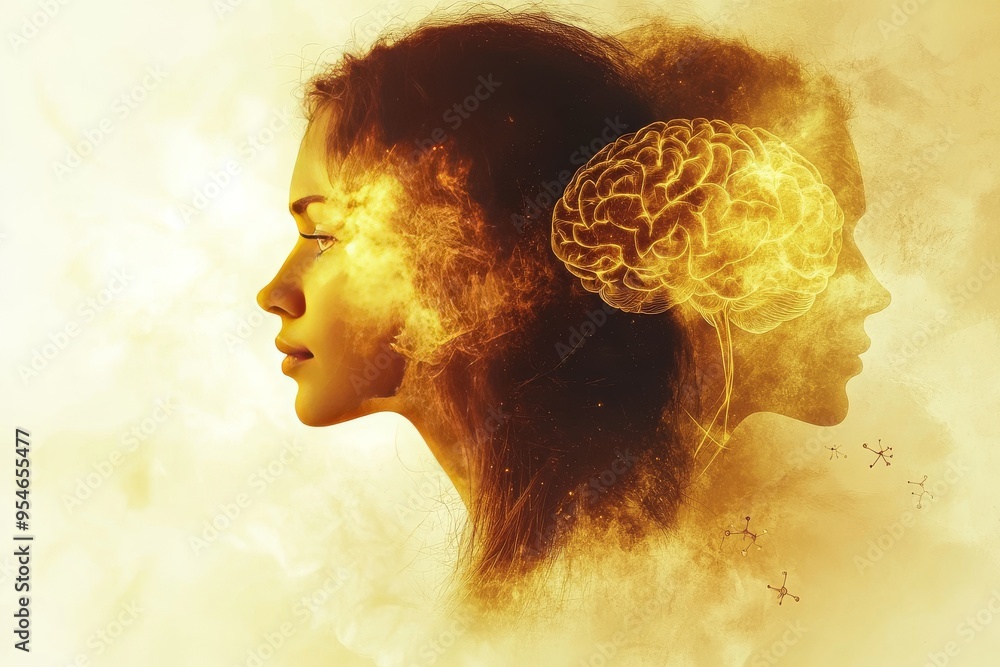 Poster behavioral psychology reactive artistic representation of a man and woman with brains intertwined sy