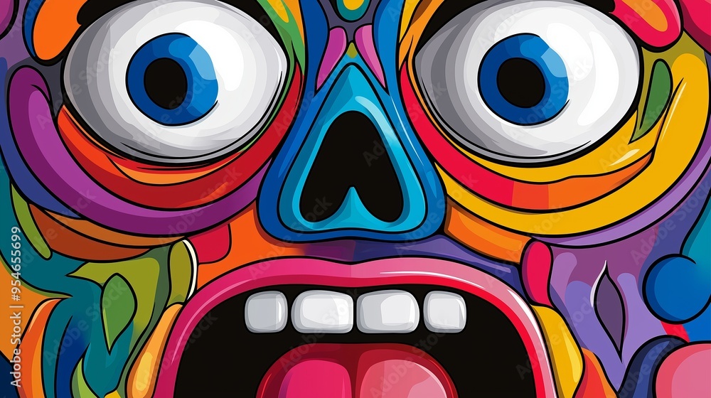 Poster a colorful face with a large mouth and a large eye. the face is drawn in a way that it looks like it