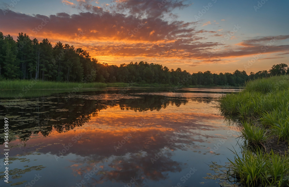 Aufkleber serene sunset over a calm lake with a mirror-like reflection creating a tranquil scene