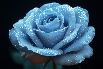 A close-up of a blue rose adorned with water droplets, showcasing its delicate beauty.