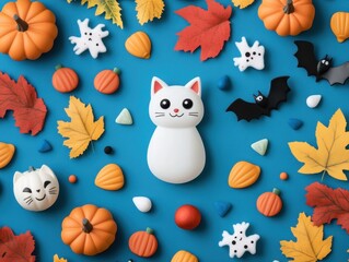 Colorful flat lay of autumn decorations featuring a cute cat, pumpkins, leaves, and playful spooky elements for a festive vibe.