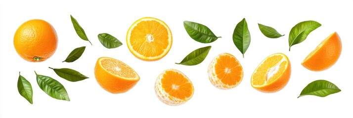 Flying fresh raw whole and sliced oranges with leaves on white background. Falling oranges
