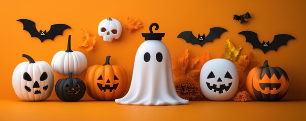Colorful Halloween decorations featuring pumpkins, a ghost, bats, and skulls on an orange background, perfect for festive themes.