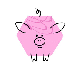 Cute pig character. Happy smiling piglet in funny doodle kids style. Kawaii simple piglet, farm animal in geometric shape. Childish kids flat vector illustration isolated on white background.