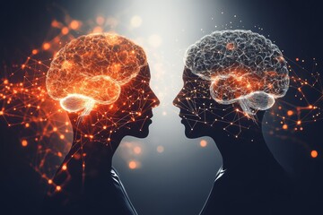 Personality trait Reactive Futuristic representation of two heads facing each other with fiery neural activity symbolizing intense debate and powerful intellectual exchange