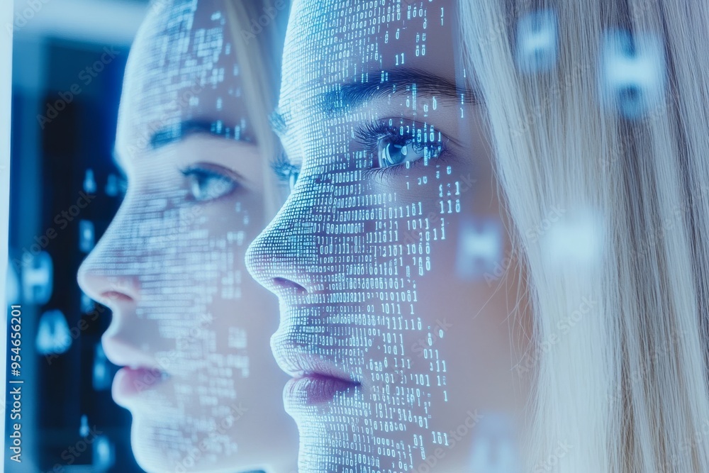 Poster emotional intelligence reactive a young woman looking at her reflection in a digital mirror her face