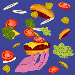 Fast food illustration. Vector burgers in flat style. National burger day. Cheeseburger modern poster. Burger Banner. Set of ingredients for a Burger. Burger design for motion graphics