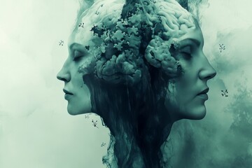 Neurodevelopment Reactive Abstract sculpture of two heads emerging from a cloud like texture symbolizing the ephemeral nature of thoughts and the subconscious mind