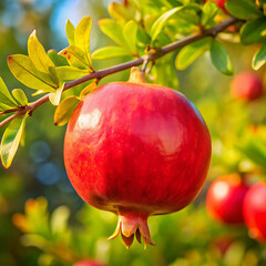 Close up on delicious pomegranate with branch on tree