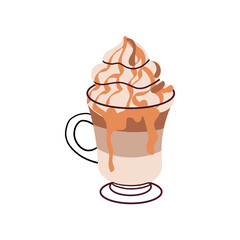 Hot or cold coffee beverage with cute doodle decoration. Espresso, americano cup, cappuccino and latte in glasses. Vector illustration hand drawn style.