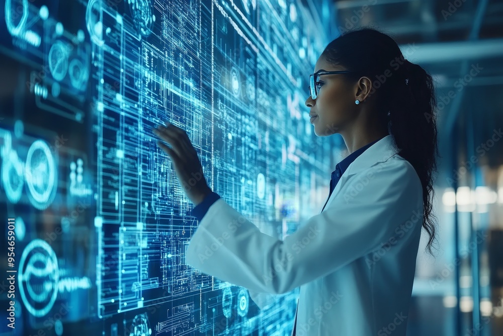 Poster scientist working with interactive digital screen, futuristic data analysis, holographic interface