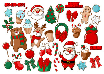 hand drawn christmas set with cartoon elements of santa, bear and different sweets for your design