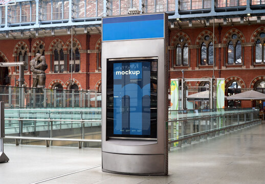 Mockup Of Customized Vertical Information Sign In Railway Station
