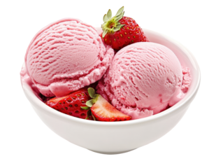 Strawberry ice cream in a bowl on white background, creamy and sweet.