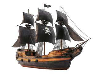 Pirate ship with black sails on white background, detailed and adventurous.