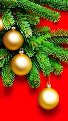 Fototapeta premium Golden balls with green spruce branches on a red background