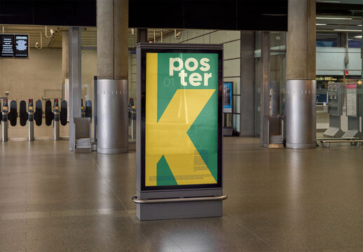 Mockup Of Customized Vertical Information Sign In Train Station