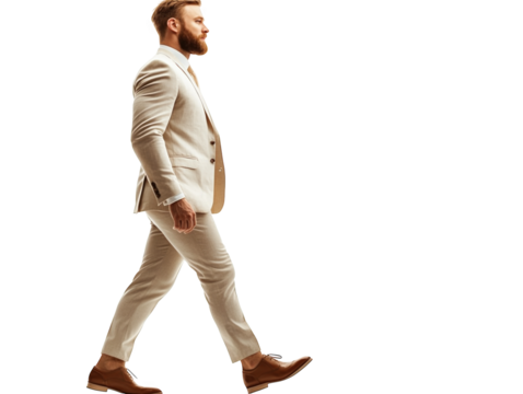 Man in light suit walking on white background, confident and professional.