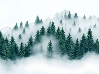 Fototapeta premium Misty Forest Landscape with Evergreen Trees in Foggy Mountain Scenery