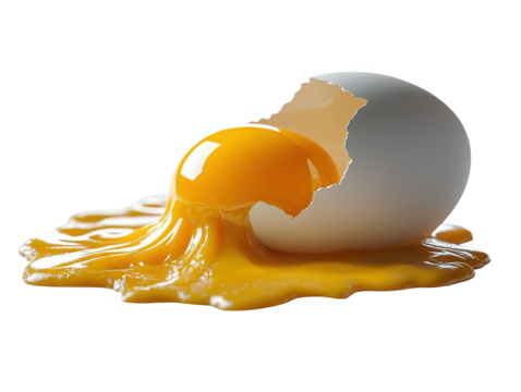 Cracked egg with yolk spilling out on white background, glossy and vibrant.