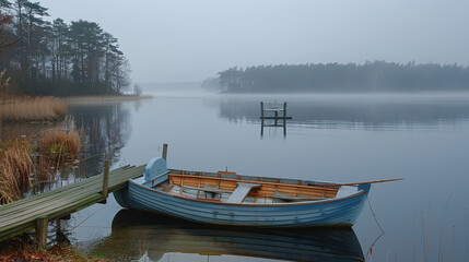 Fototapeta premium Peaceful Misty Lake with Empty Rowboat Moored to Wooden Dock on Tranquil Morning