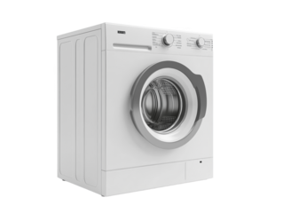 White washing machine isolated on white background, modern and clean.