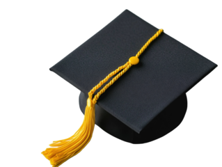 Black graduation cap with yellow tassel, isolated on white background, educational symbol PNG transparent.