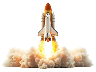 Space shuttle launch with smoke and flames, isolated on white background, high detail PNG transparent.