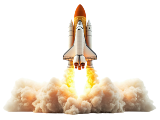 Space shuttle launch with smoke and flames, isolated on white background, high detail PNG transparent.