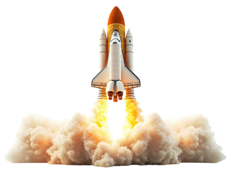 Space shuttle launch with smoke and flames, isolated on white background, high detail PNG transparent.