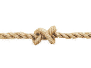 Rope tied in a knot with frayed ends, isolated on white background. PNG transparent.