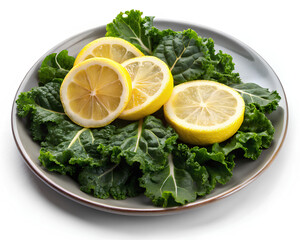Dark leafy greens arranged on a plate with lemon slices, isolated on white background. Clipping path