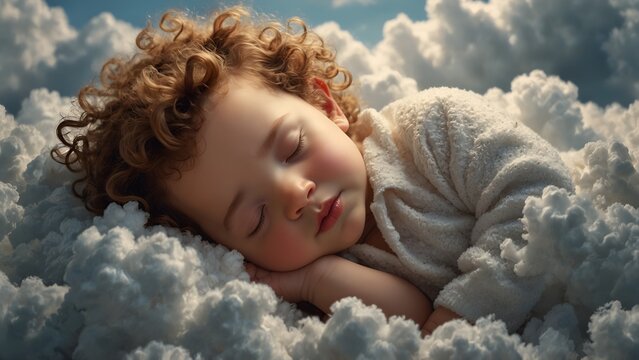 portrait of a child sleeping in the clouds 