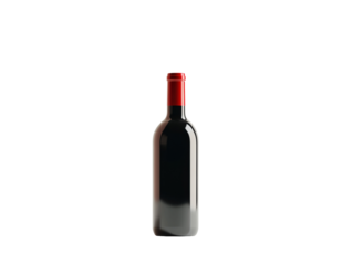Red wine bottle with red cap on white background. PNG transparent.