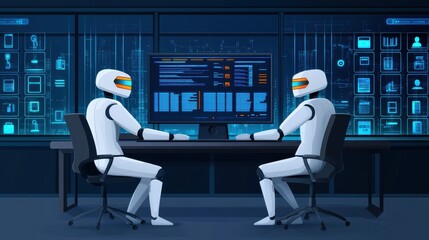 Futuristic scene with two robots engaged in a discussion in a high-tech control room, surrounded by data displays.