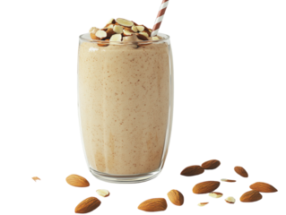 Almond smoothie with whole and crushed almonds on white background. PNG transparent.