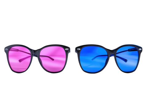 Three sunglasses in blue, black, and pink frames on white background. PNG transparent.