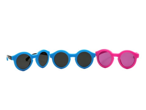 Three sunglasses in blue, black, and pink frames on white background. PNG transparent.