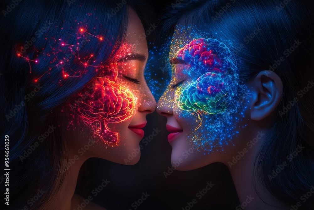 Poster psychopathology proactive intense close up of two faces with abstract neural activity between them s