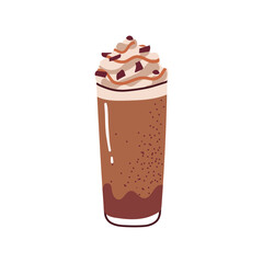 Hot or cold coffee beverage with cute doodle decoration. Espresso, americano cup, cappuccino and latte in glasses. Vector illustration hand drawn style.