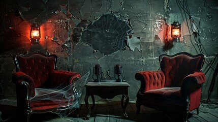 Two vintage red armchairs with microphones in a spooky room.